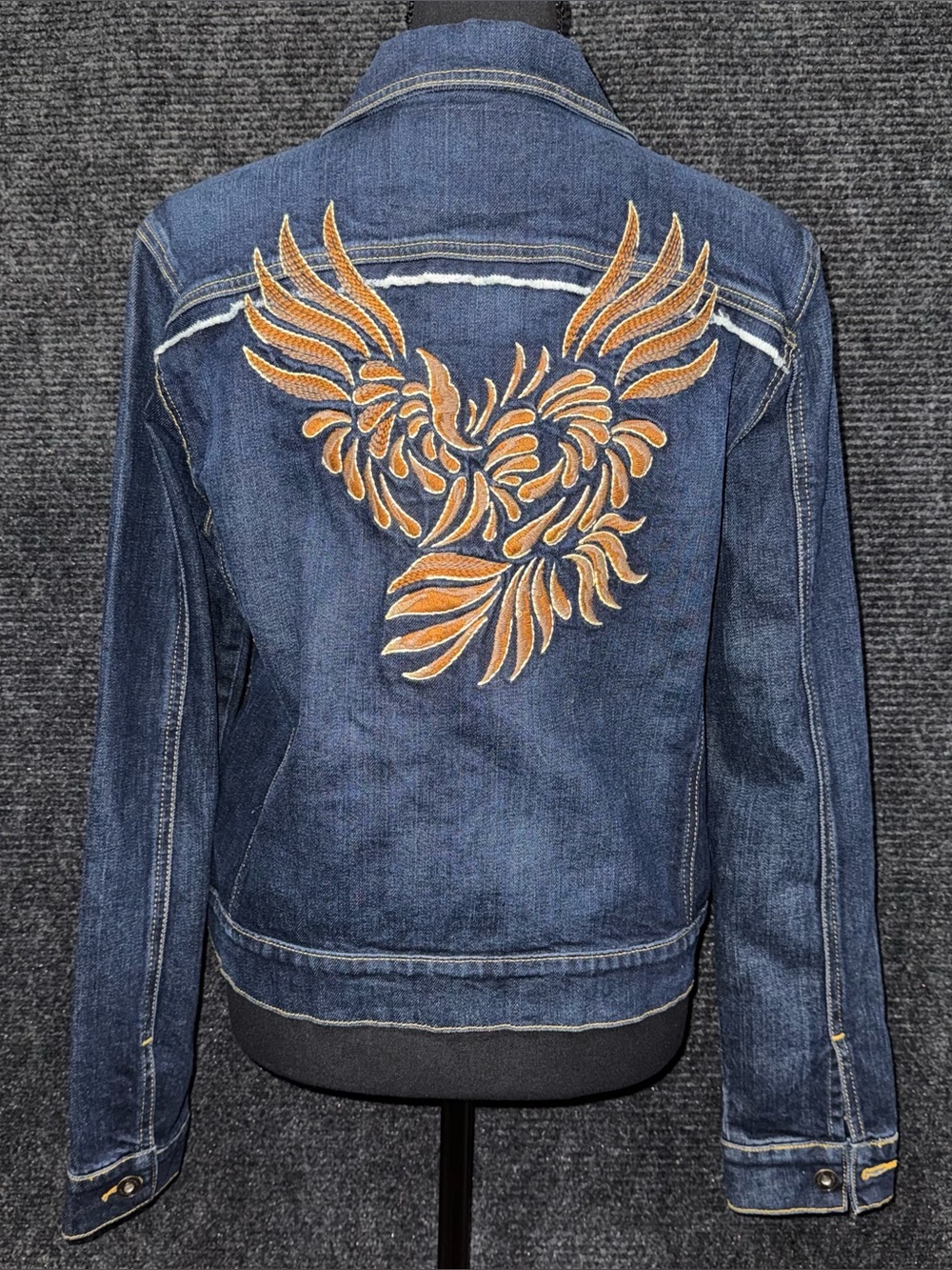 Fiorucci Authentic Vintage Blue Denim Embroidered Angel Wings Fitted Jean Jacket